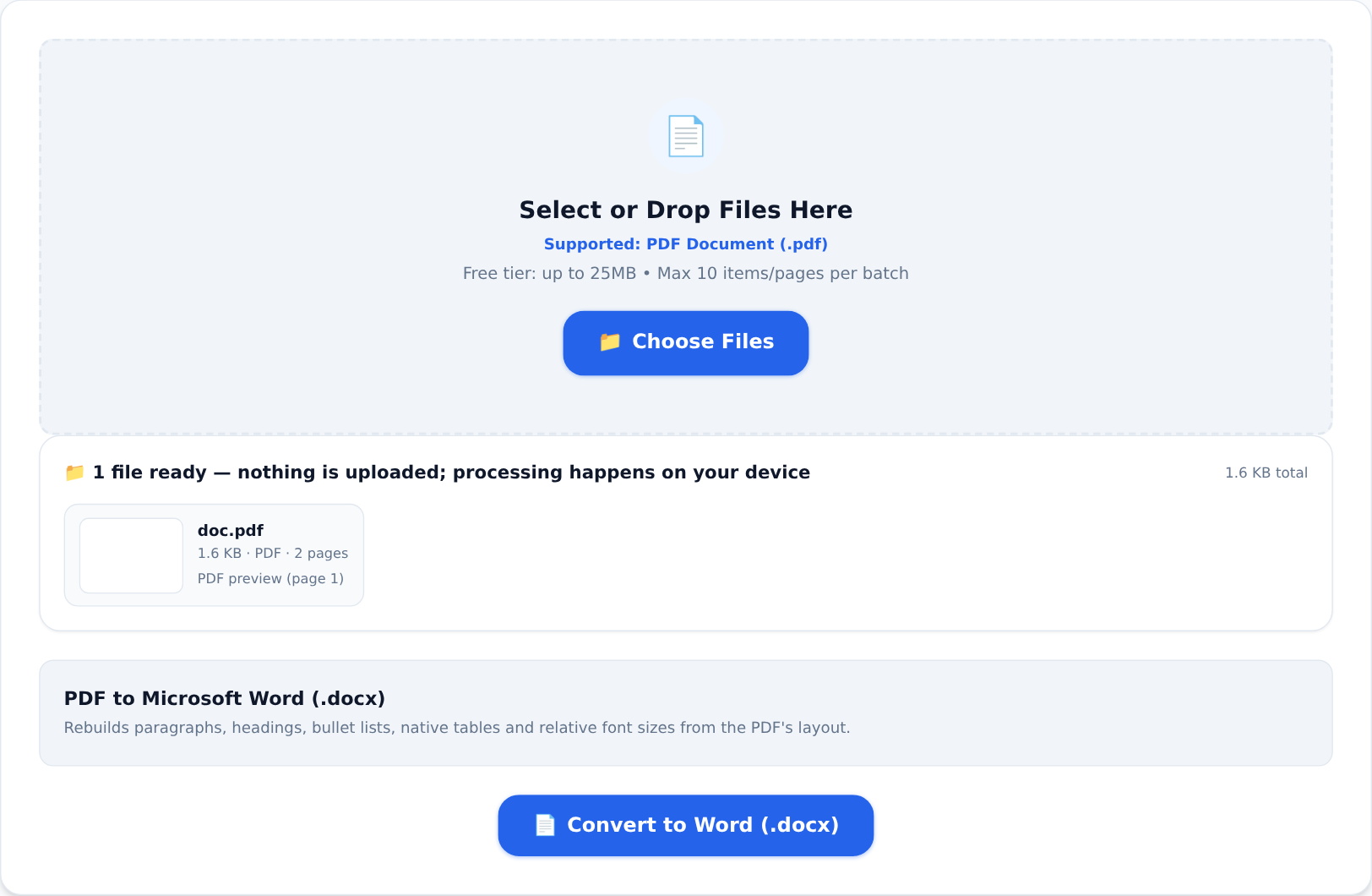 The file preview shows what will be processed โ locally