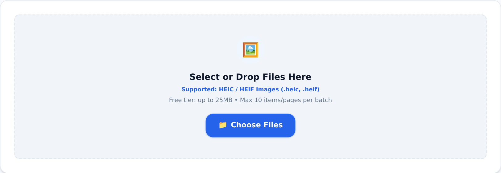 The HEIC to JPG converter ready for files