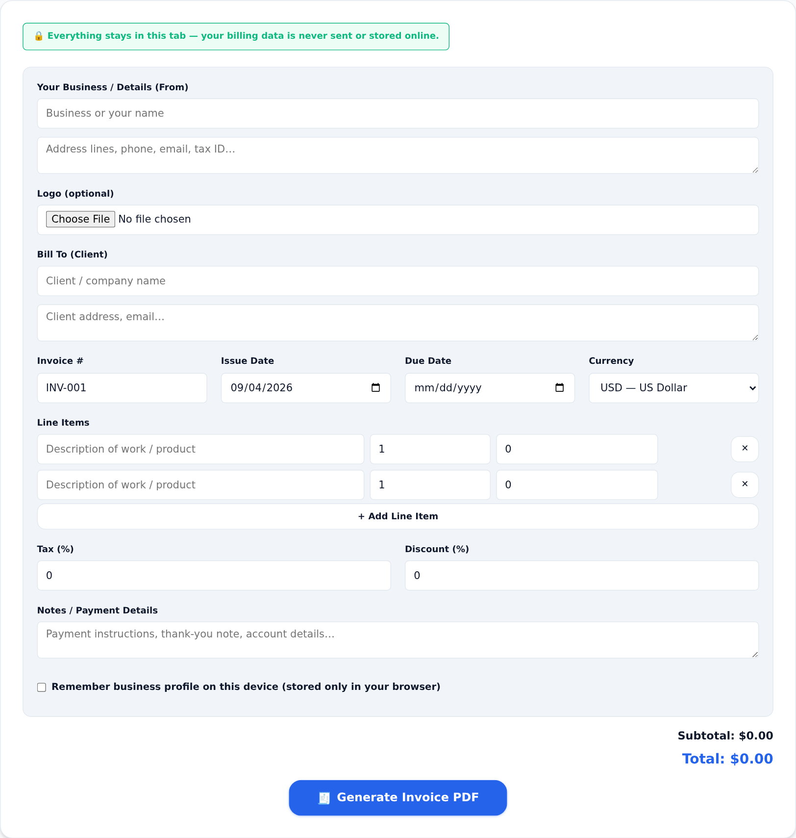 Invoice Generator produces a ready-to-send invoice document