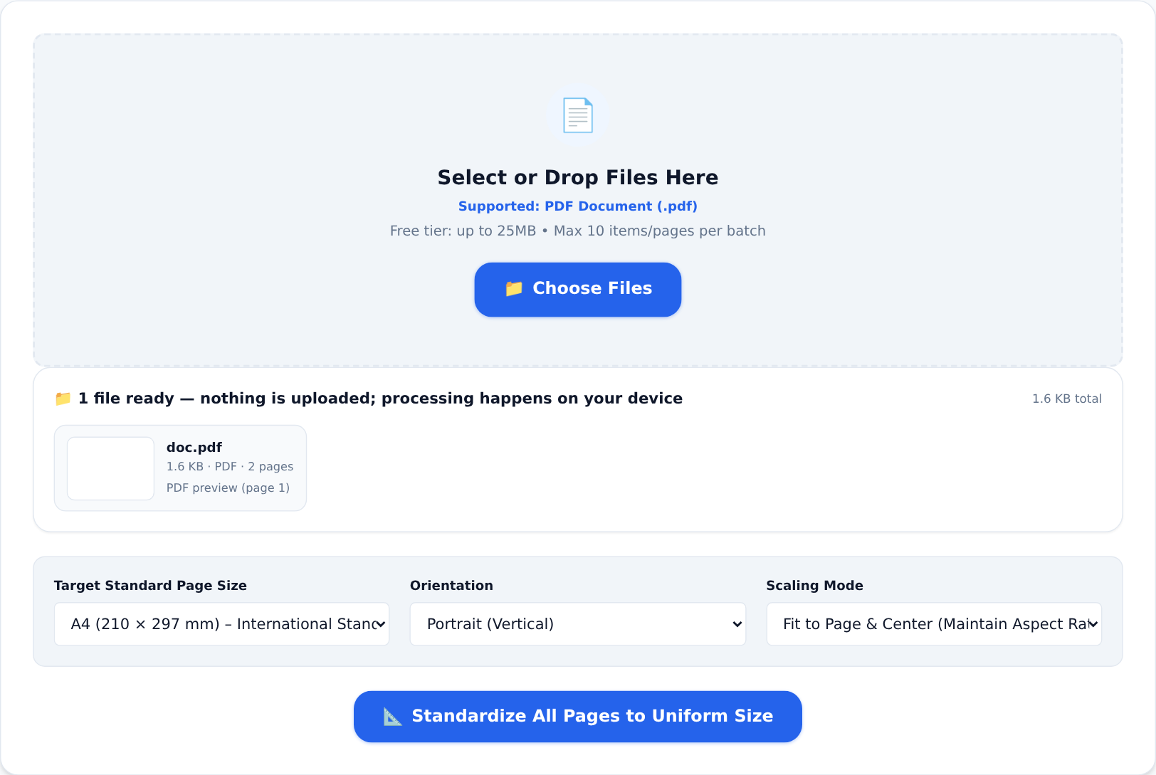 Standardize PDF Sizes normalises pages to A4/Letter