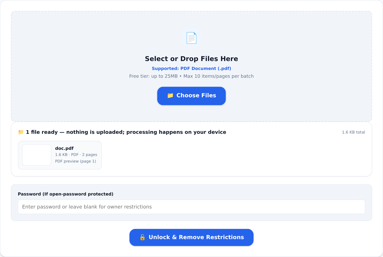 Unlock PDF removes restrictions from a file you own